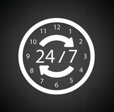 Logo of a clock that indicates a service offered 24 hours a day, 7 days a week in Drummondville.